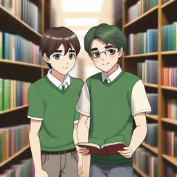 This is a high-quality 3D digital art image, capturing a heartwarming scene between two handsome high school boys in a library