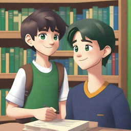 This is a high-quality 3D digital art image, capturing a heartwarming scene between two handsome high school boys in a library