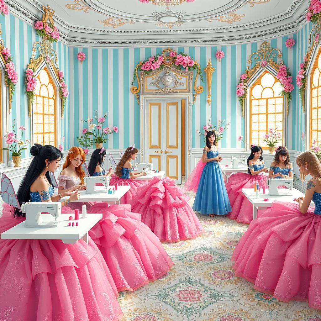 In a beautifully large palace room, a sewing class for spoiled princesses is being held with about ten girls present