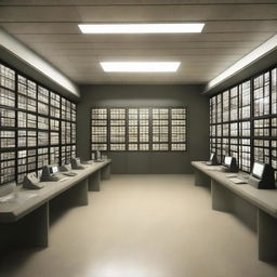 The data control room of a maximum-security penitentiary, incorporating design elements from the architecture shown in the provided link.