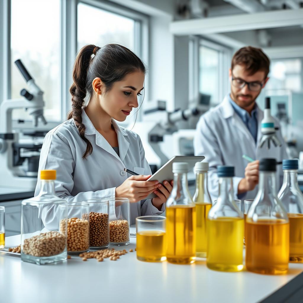 A modern laboratory scene showcasing two scientists, one male and one female, engaged in research on edible oilseeds