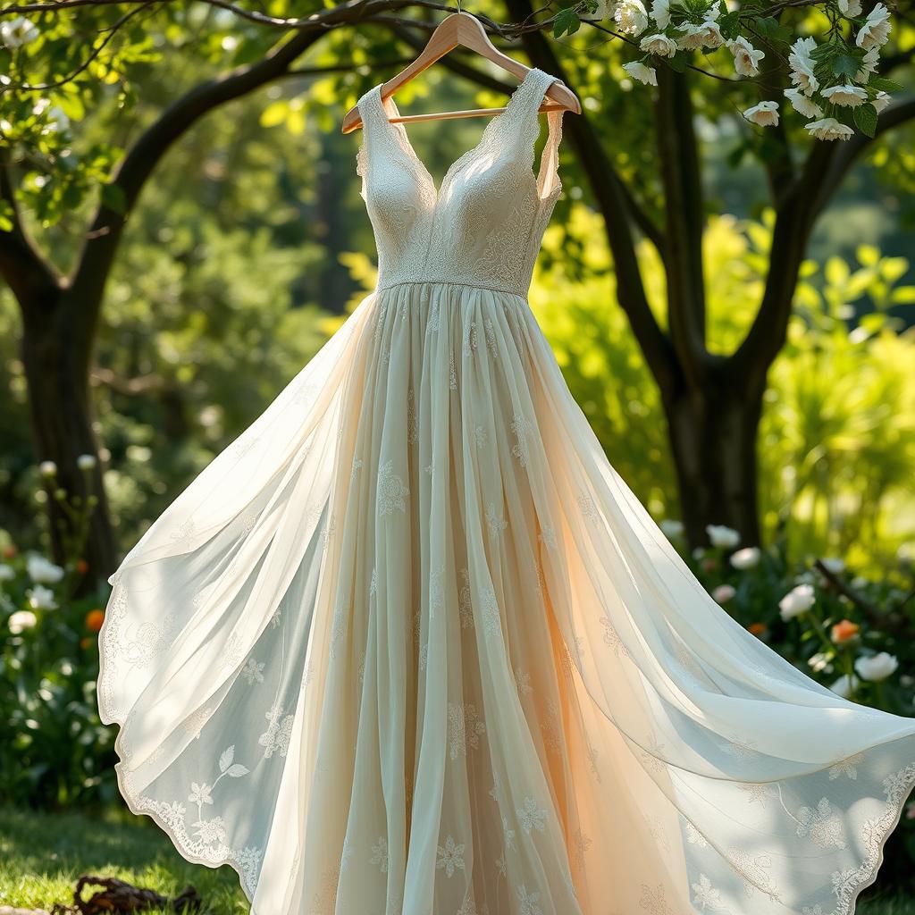 A beautifully designed dress featuring flowing fabric and delicate floral patterns, reminiscent of a soft spring day