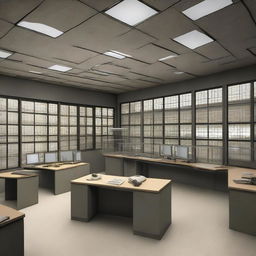 The data control room of a maximum-security penitentiary, incorporating design elements from the architecture shown in the provided link.