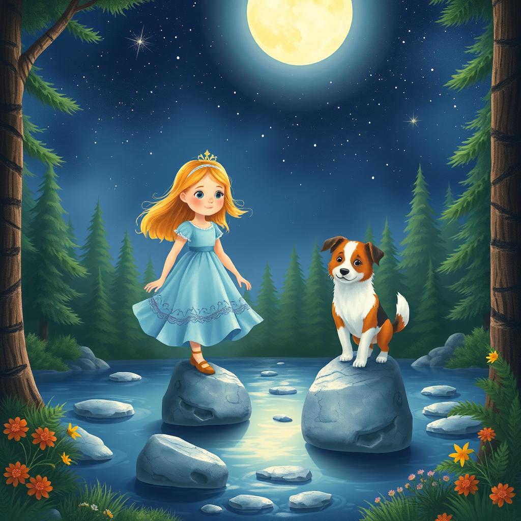 An enchanting children's book cover illustration featuring Princess Lizzie, an 8-year-old girl with golden hair and a light blue dress, standing beside her Border Collie puppy named Akira