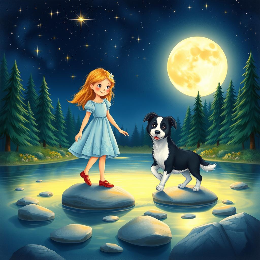 A charming children's book cover illustration featuring Princess Lizzie, an 8-year-old girl with golden hair wearing a light blue dress, standing beside her Border Collie puppy named Akira, who is black, white, and gray with black spots