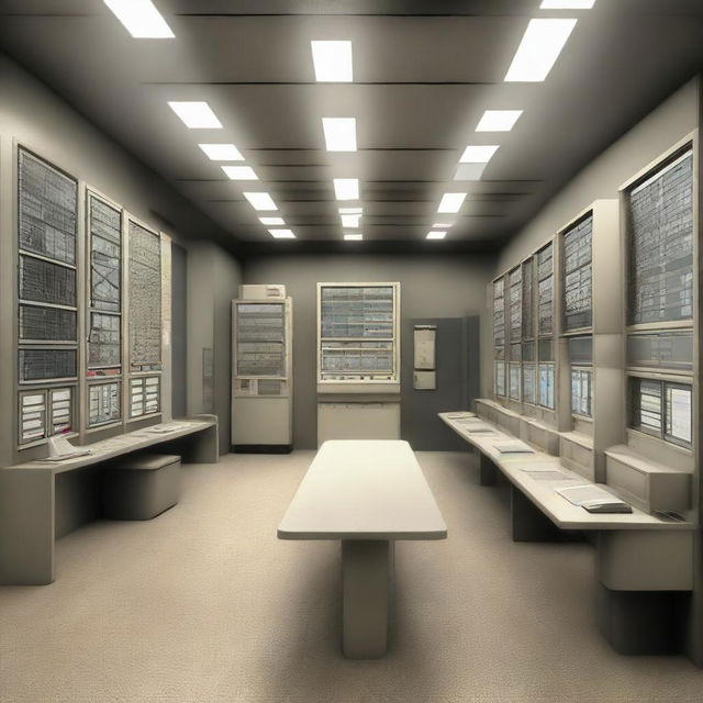 The data control room of a maximum-security penitentiary, incorporating design elements from the architecture shown in the provided link.