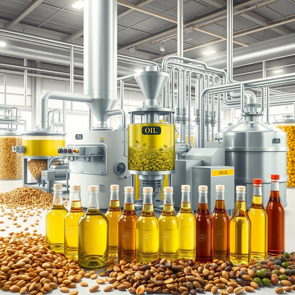 A detailed depiction of edible oil technology, showcasing the process of oil extraction from various seeds such as soybeans, sunflowers, and olives