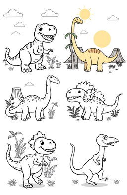 A series of fun, cartoon-style dinosaur illustrations suitable for a coloring book
