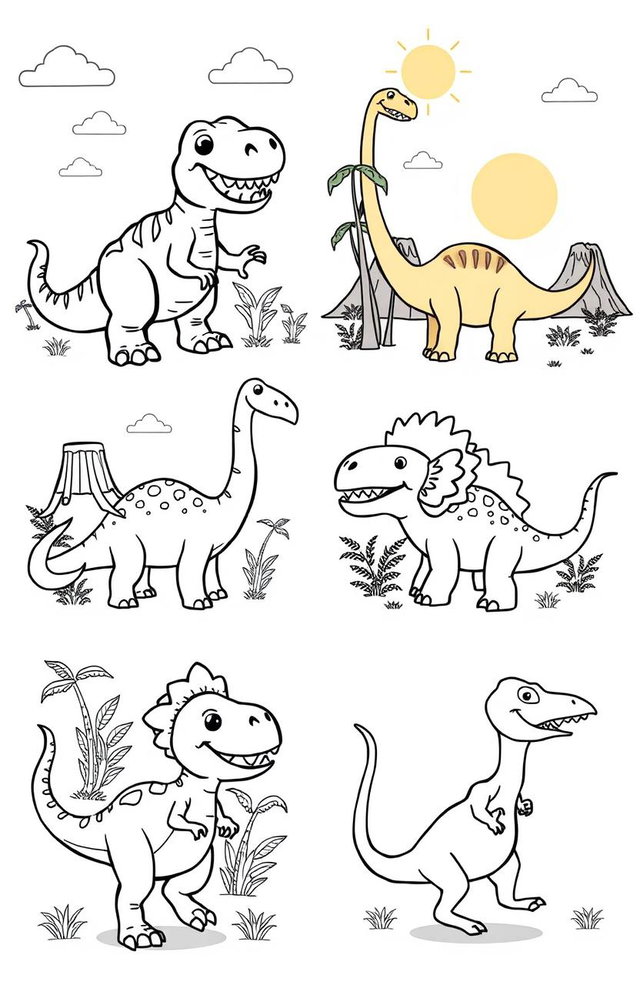A series of fun, cartoon-style dinosaur illustrations suitable for a coloring book