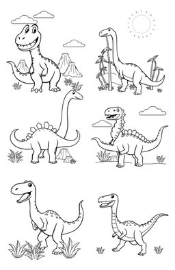A series of fun, cartoon-style dinosaur illustrations suitable for a coloring book