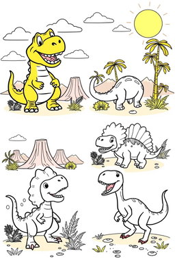 A series of fun, cartoon-style dinosaur illustrations suitable for a coloring book