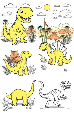 A series of fun, cartoon-style dinosaur illustrations suitable for a coloring book