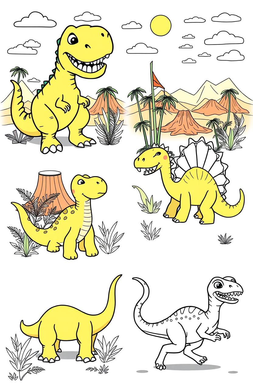A series of fun, cartoon-style dinosaur illustrations suitable for a coloring book