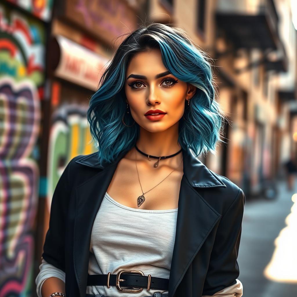 A portrait of a stylish young woman with a confident expression, wearing a trendy outfit that combines street fashion with elegant accessories