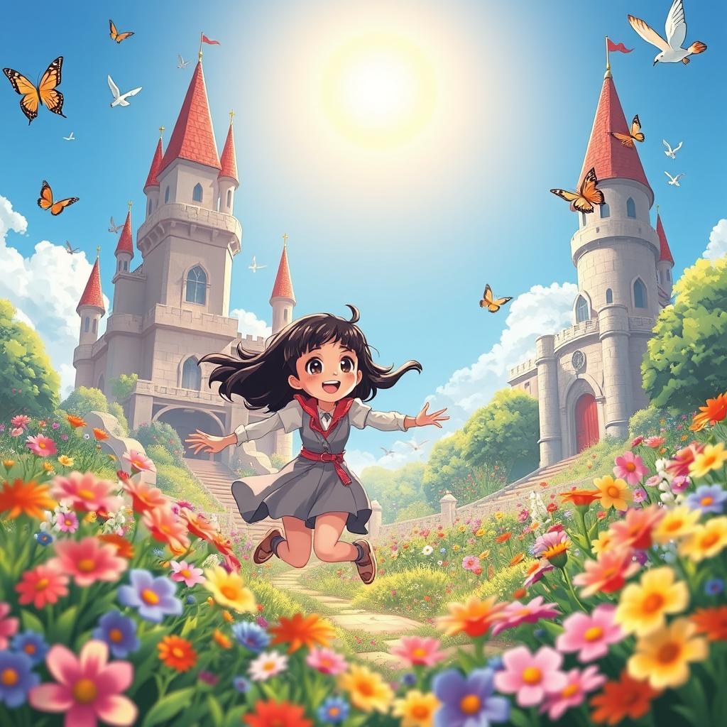 Lizzie and Akira playing joyfully in a vibrant castle garden filled with colorful flowers under a bright sun, surrounded by fluttering butterflies and flying birds