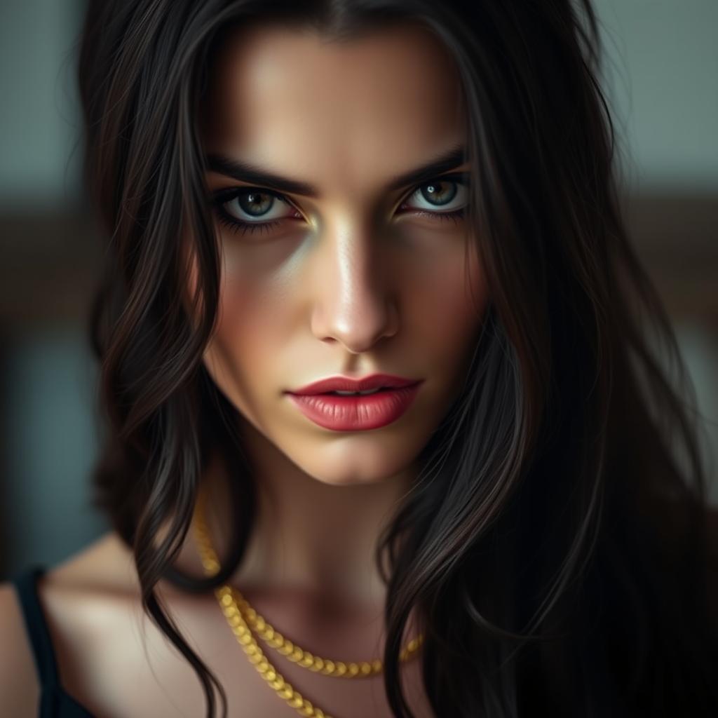 A mysterious woman with dark, wavy hair cascading over her shoulders