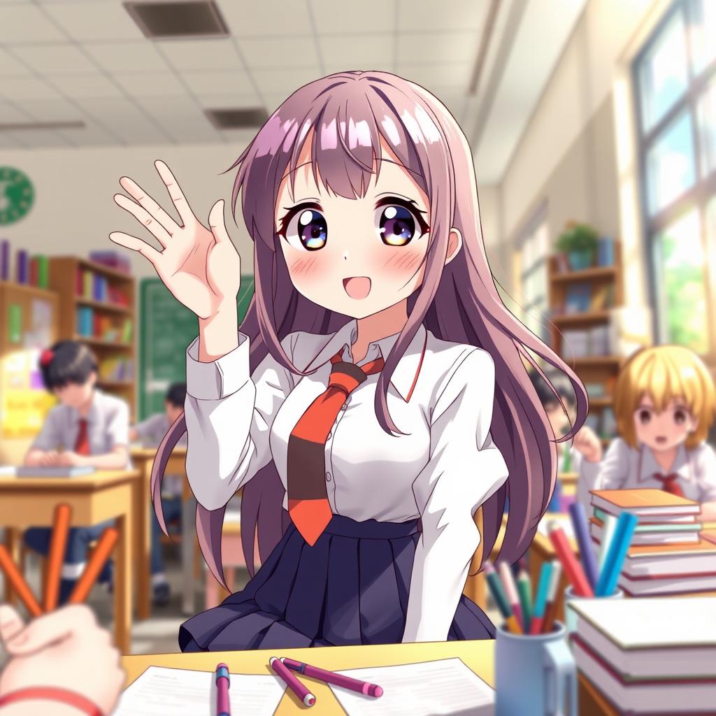 An anime-style illustration of a teenage girl student, with vibrant colors and a lively expression