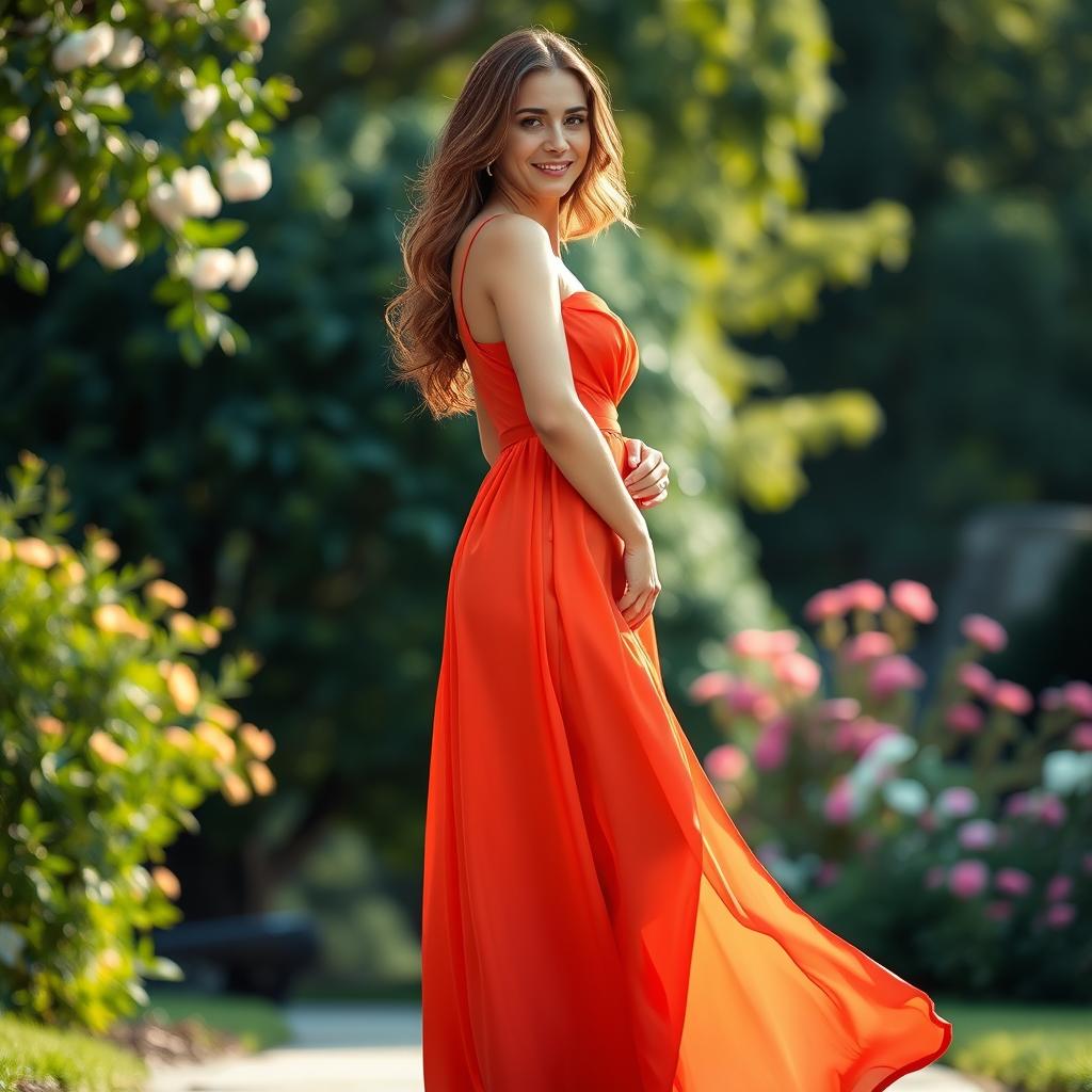 A striking full-length portrait of an elegant female figure standing confidently, wearing a flowing, vibrant dress that beautifully complements her silhouette