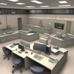 The data control room of a maximum-security penitentiary, incorporating design elements from the architecture shown in the provided link.