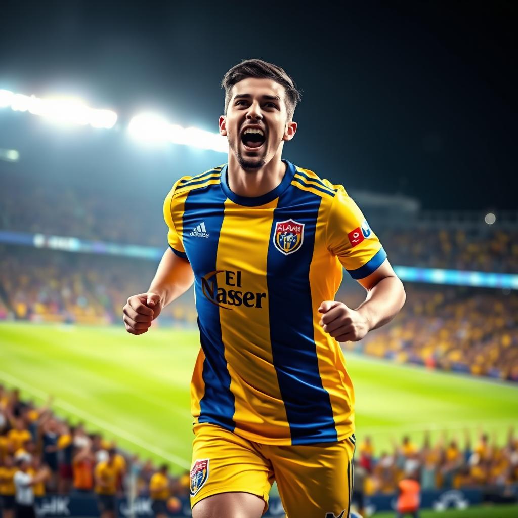 A vibrant and dynamic representation of a football player wearing the Al-Nassr team jersey