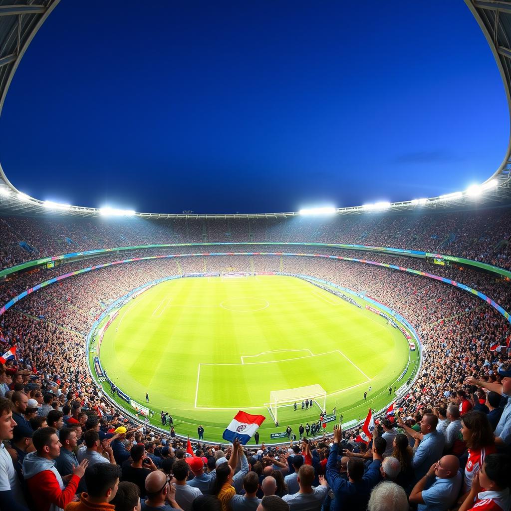 A panoramic view of a grand football stadium filled with enthusiastic fans