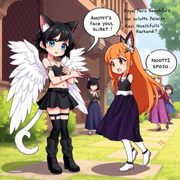 Anime-style illustration of a beautiful and cute 7-year-old girl named Rasi, who has cat ears, a white tail, and beautiful white wings