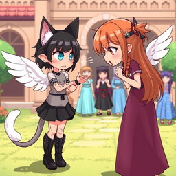Anime-style illustration of a beautiful and cute 7-year-old girl named Rasi, who has cat ears, a white tail, and beautiful white wings
