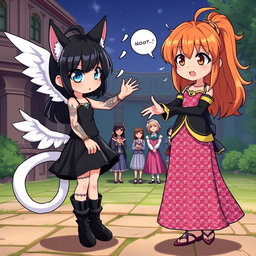 Anime-style illustration of a beautiful and cute 7-year-old girl named Rasi, who has cat ears, a white tail, and beautiful white wings