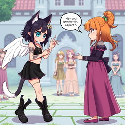 Anime-style illustration of a beautiful and cute 7-year-old girl named Rasi, who has cat ears, a white tail, and beautiful white wings