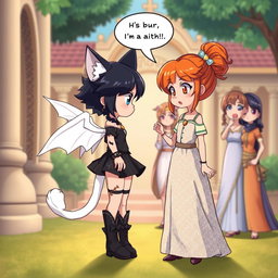 Anime-style illustration of a beautiful and cute 7-year-old girl named Rasi, who possesses cat ears, a lovely white tail, and elegant white wings