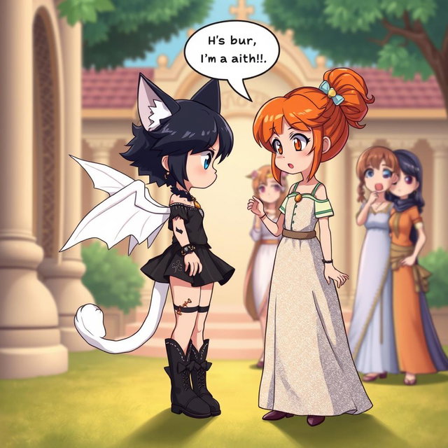 Anime-style illustration of a beautiful and cute 7-year-old girl named Rasi, who possesses cat ears, a lovely white tail, and elegant white wings