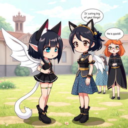 Anime-style illustration of a beautiful and cute 7-year-old girl named Rasi, who possesses cat ears, a lovely white tail, and elegant white wings