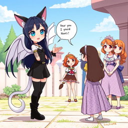 Anime-style illustration of a beautiful and cute 7-year-old girl named Rasi, who possesses cat ears, a lovely white tail, and elegant white wings