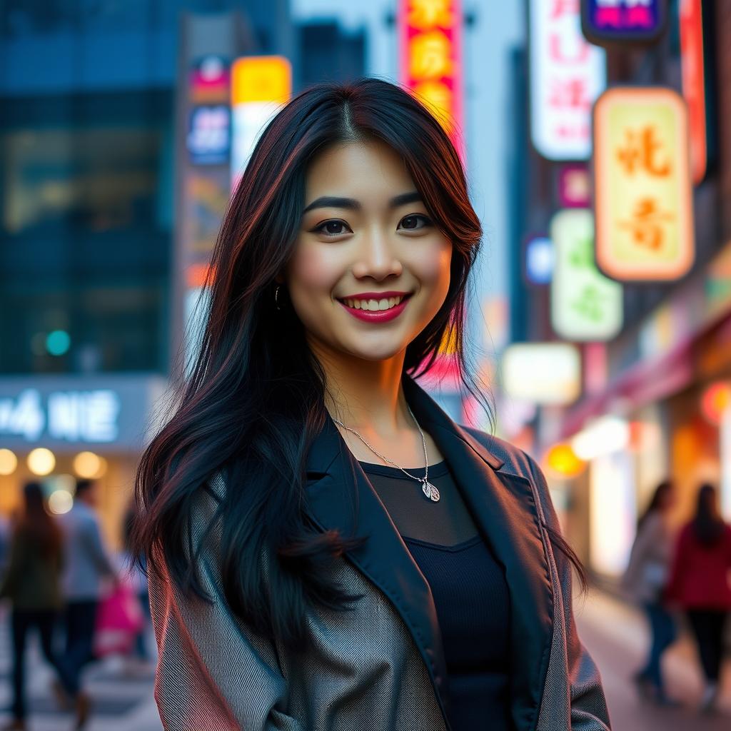 A beautiful Asian woman with long dark hair styled elegantly, wearing a chic and trendy outfit that reflects contemporary fashion