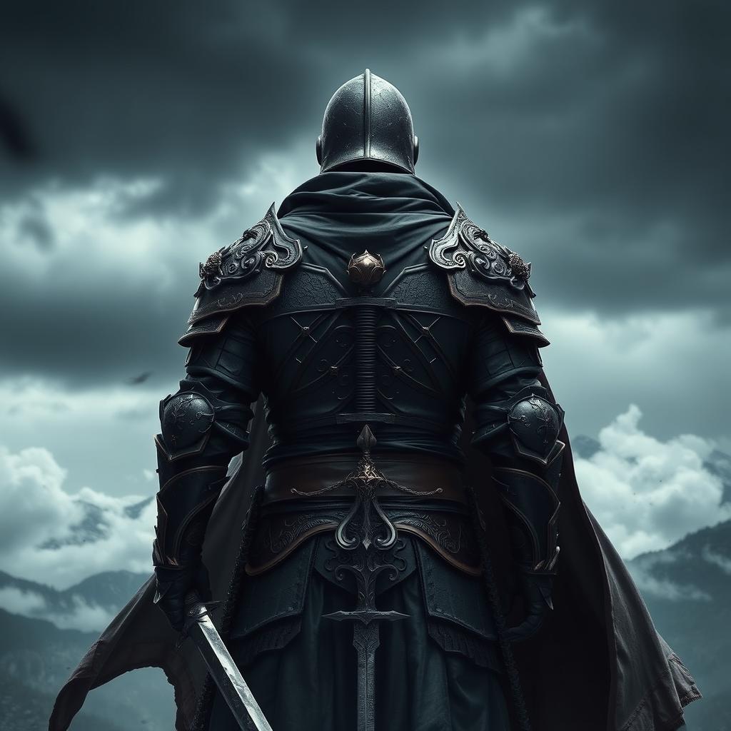 A mysterious warrior in a dramatic atmosphere, depicted from a rear angle