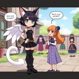 Anime-style illustration of Rasi, a beautiful and powerful 7-year-old princess with cat ears, a lovely white tail, and elegant white wings