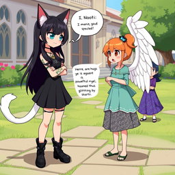 Anime-style illustration of Rasi, a beautiful and powerful 7-year-old princess with cat ears, a lovely white tail, and elegant white wings