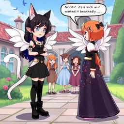 Anime-style illustration of Rasi, a beautiful and powerful 7-year-old princess with cat ears, a lovely white tail, and elegant white wings