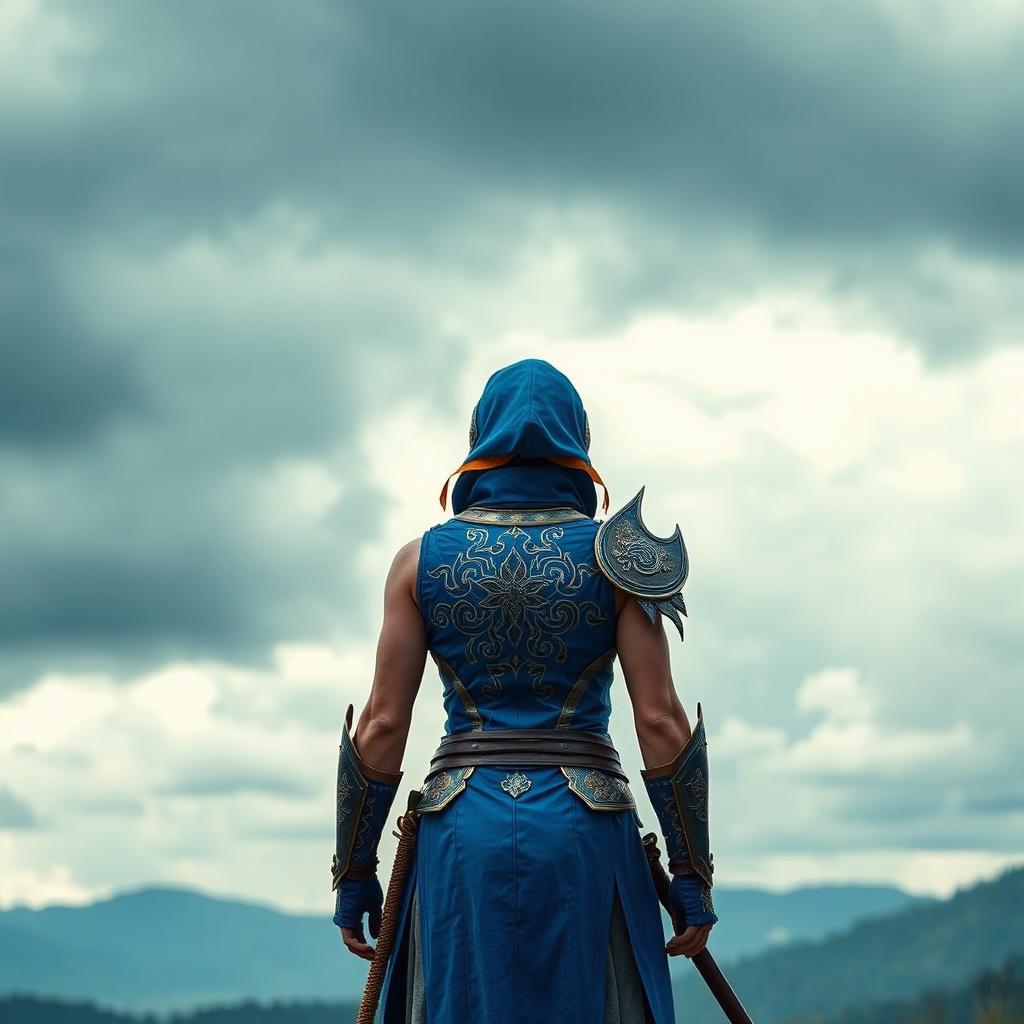 A warrior in a striking blue outfit, standing proudly against a backdrop of ominous cloudy skies, seen from the back