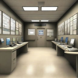 The data control room of a maximum-security penitentiary, incorporating design elements from the architecture shown in the provided link.