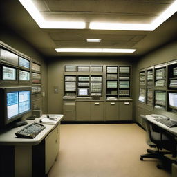 A penthouse data control room of a maximum-security penitentiary, taking architectural inspiration from the details given in the provided link.