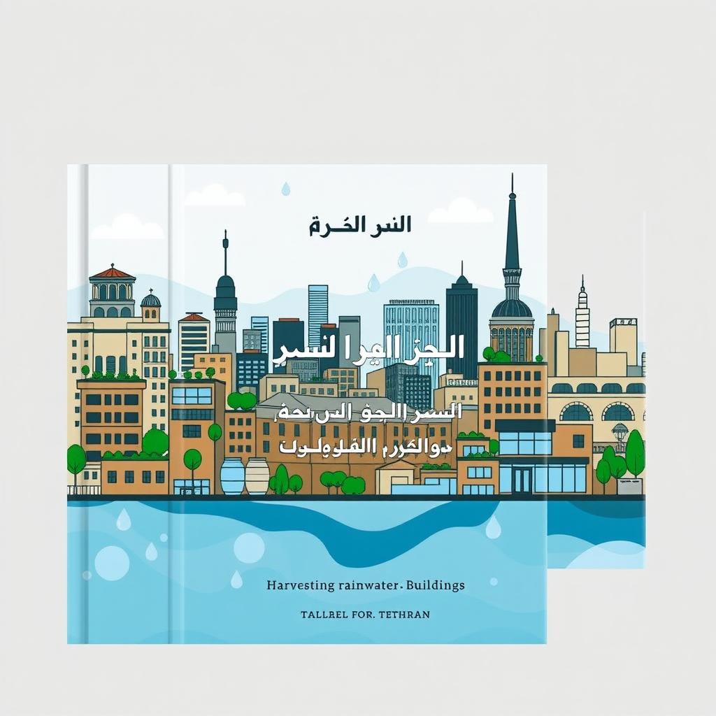A sophisticated academic book cover design for the title 'Harvesting rainwater from buildings', specifically tailored for Tehran