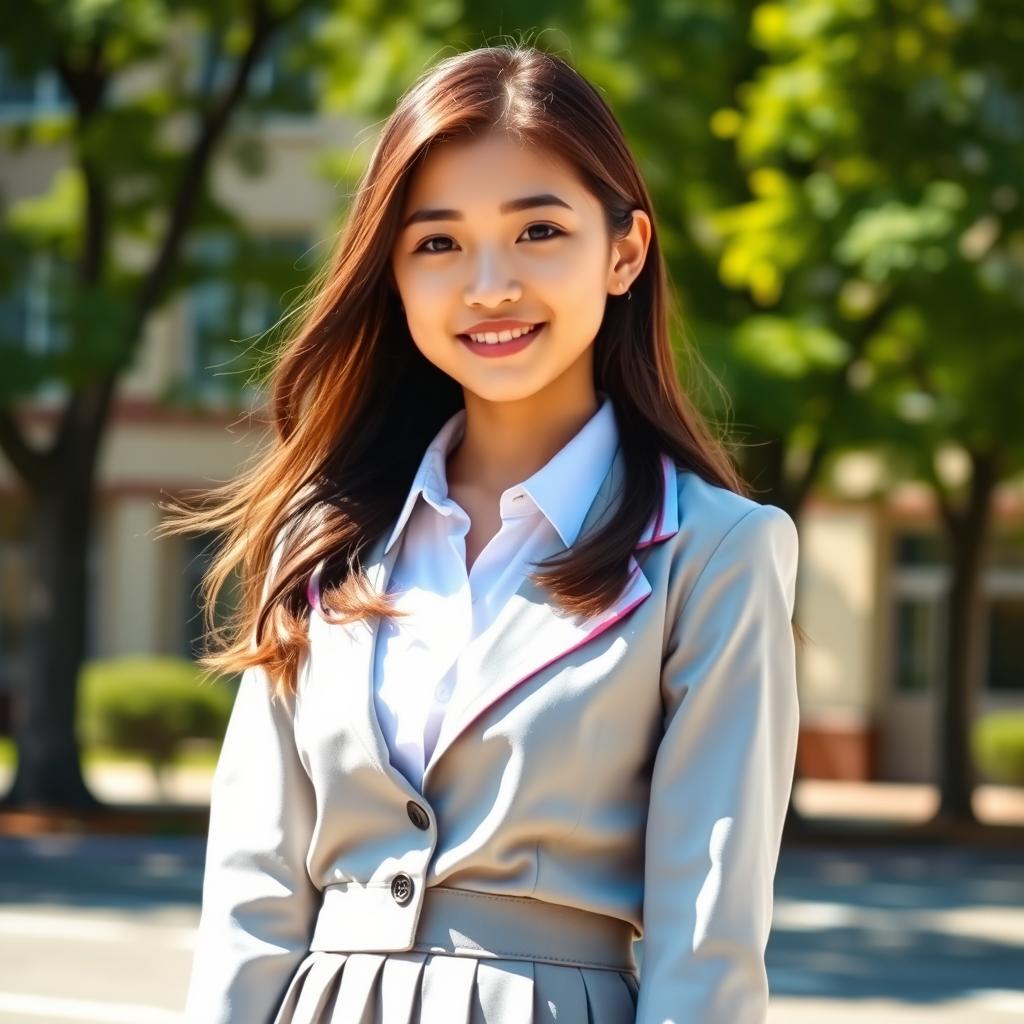 A high school girl wearing a neatly pressed uniform, complete with a pleated skirt and a fitted blazer