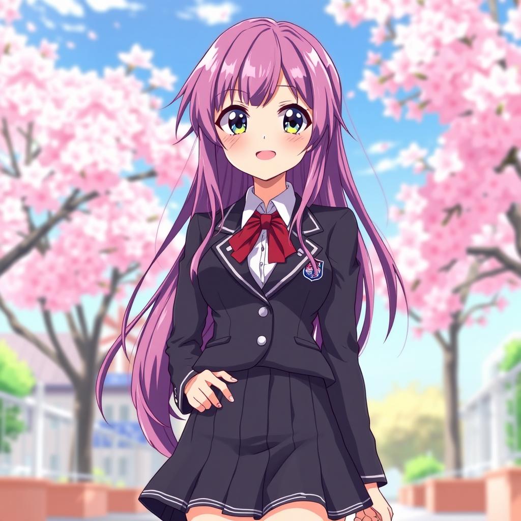 An anime-style illustration of a high school girl in a uniform, featuring a pleated skirt and a fitted blazer adorned with school insignia