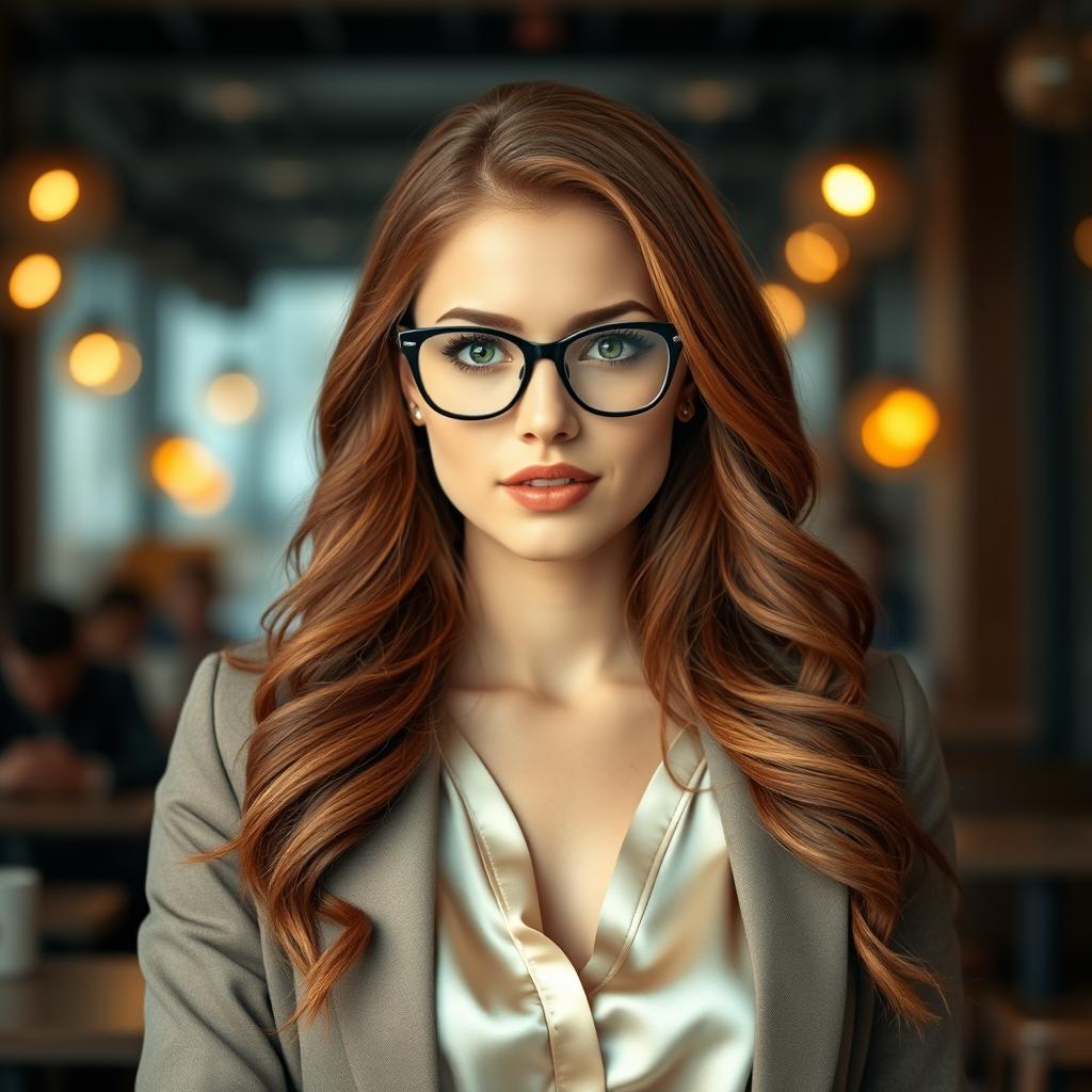 A portrait of a confident woman wearing stylish eyeglasses, with long wavy auburn hair cascading over her shoulders