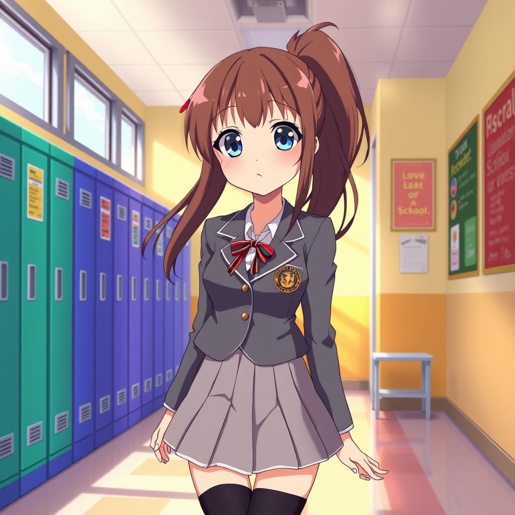 An anime-style illustration of a high school girl in a stylish uniform, featuring a short pleated skirt and a fitted blazer with a school emblem