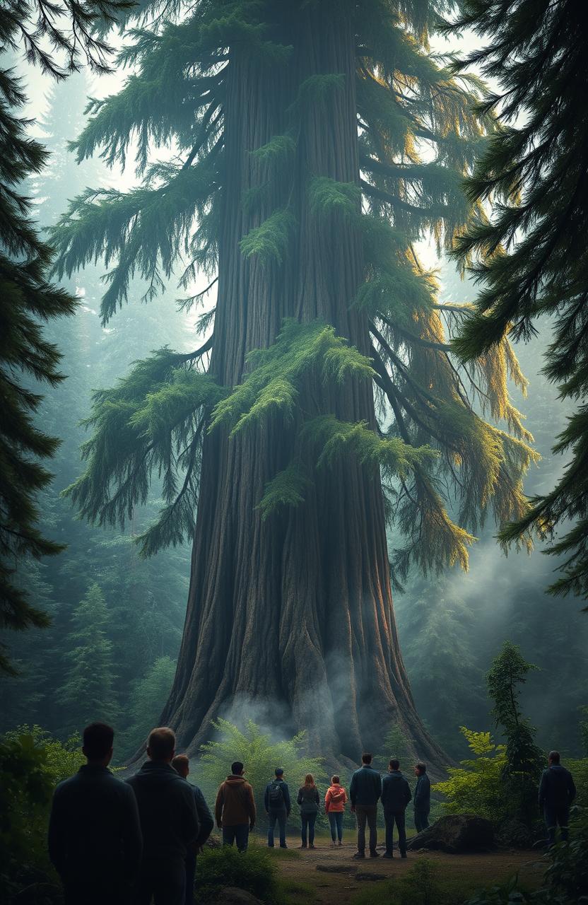 A majestic, big and wide pine tree standing tall in a lush forest landscape