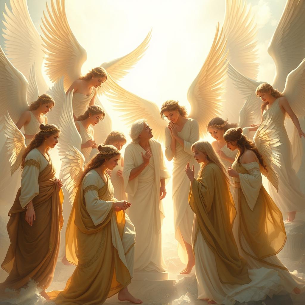 A majestic scene depicting Kayumars surrounded by graceful angels, bathed in soft, radiant light that emanates an aura of divinity