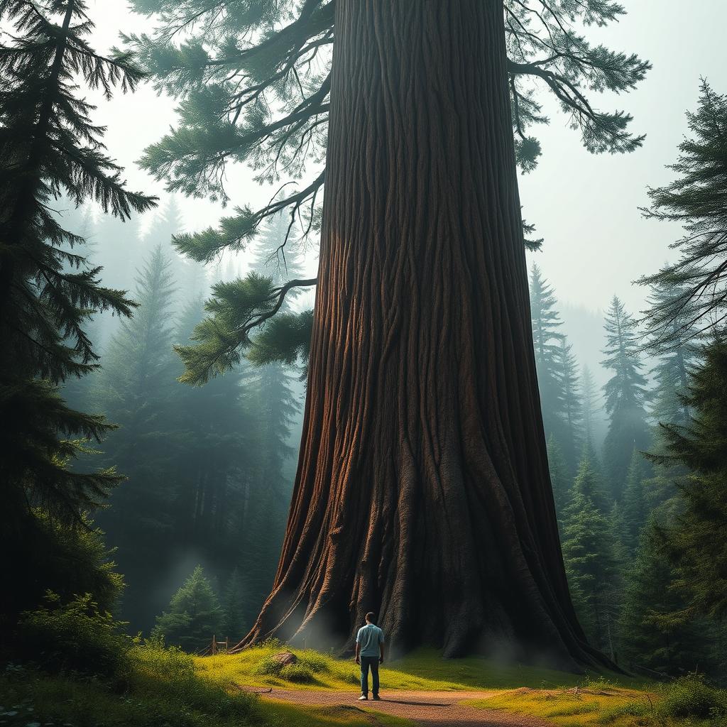 A majestic, big and wide pine tree standing tall in a lush forest landscape