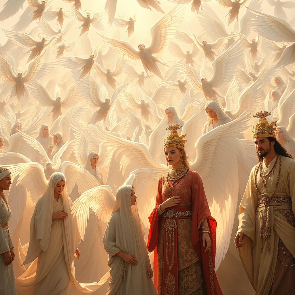 A breathtaking scene depicting Kayumars surrounded by a multitude of angels, all bathed in soft, radiant light that exudes grace and awe